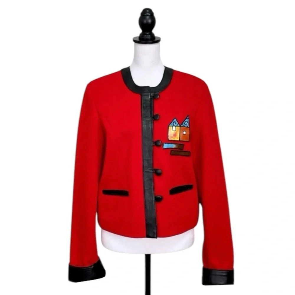 Pikamo Vintage 90s Statement Jacket Art To Wear Leather Trim Wool Blend Red XL - Picture 2 of 8